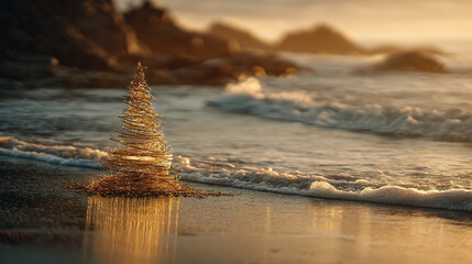 Golden christmas tree on beach with ocean waves and rocks in the background