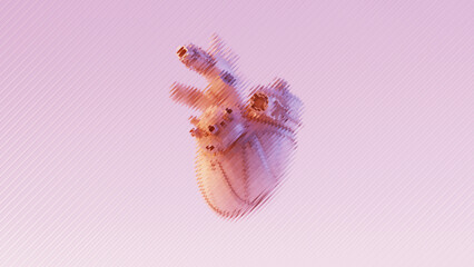 3D Human Cyborg Heart Behind Reeded Glass Soft Purple Neon Glow 3D illustration