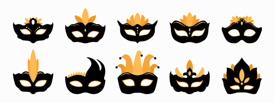 Carnival disguises, set of flat vector masquerade masks with yellow feathers. Elegant black carnival design elements for invitations, posters, decorations, and festive projects.
