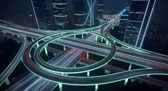Futuristic night cityscape with illuminated highway interchange and traffic