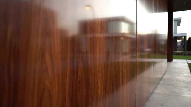 A highly polished, reflective wooden wall of a modern building, showing a blurred reflection of the exterior.