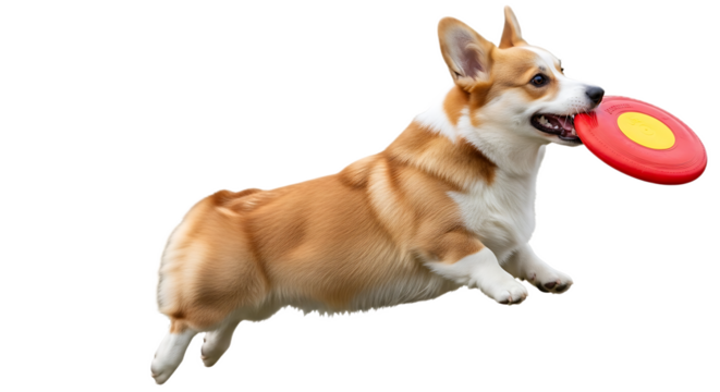A corgi dog mid air catching a red and yellow frisbee against a black background in a studio shot