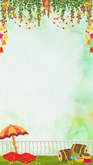 Wedding Mehandi Invitation Green Orange Watercolor Blank Card Background