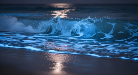 Bioluminescent wave crashing on the beach at night with moon reflection