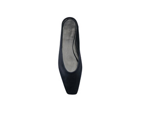 Women’s Black Stylish heel flat shoe, glossy patent leather finish, stylish and comfortable footwear for casual and formal wear wedge sandal, transparent background.	