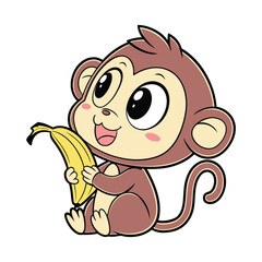 Cute Cartoon Monkey Sticker Sitting Happy Illustration Digital Artwork