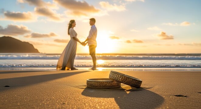 A couple holding hands on a vibrant beach as the sun sets with wedding rings