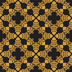 Vector seamless pattern of baroque and oriental golden scrolls on a black background