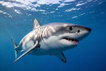 Fototapeta premium A menacing great white shark is captured mid-swim beneath the ocean surface, showcasing its powerful form, gaping mouth, sharp teeth, and contrasting white underbelly against the deep blue water.