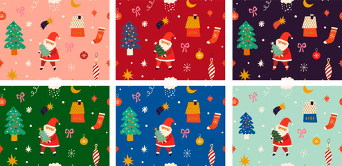 Christmas Seamless patterns. Big set of New Year and Christmas seamless patterns with holiday symbols and elements. Christmas and New Year vector backgrounds