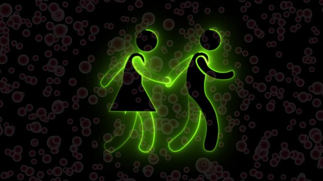 Green Glowing Stick Figures of a Couple Dancing with Red Bubbles on Black Background image photo