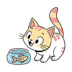 Cute Cat Looking At Fish Bowl Cartoon Digital Illustration