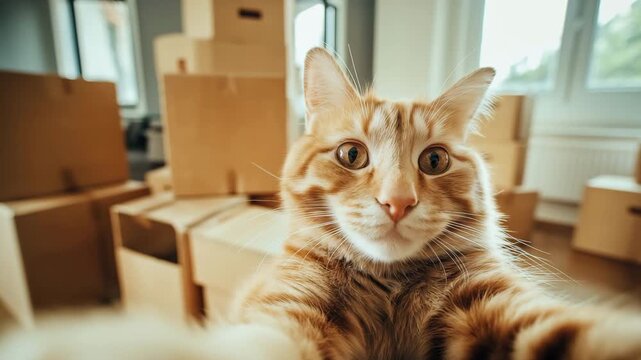 A cat against a background of a room and boxes, the concept of moving or renting an apartment, pet friendly