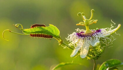 A close-up shows a passionflower with caterpillars on a nearby leaf against a softly blurred green