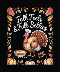 Thanksgiving Turkey Day Celebration T-shirt Design, Autumn Harvest Feast with Roast Turkey, Pumpkins, Fall Leaves, Cozy Seasonal Decor & Warm Holiday Atmosphere for Family Gathering and Festive Dinner