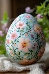 Colorful hand-painted egg decorated with flowers sitting on a natural fabric background