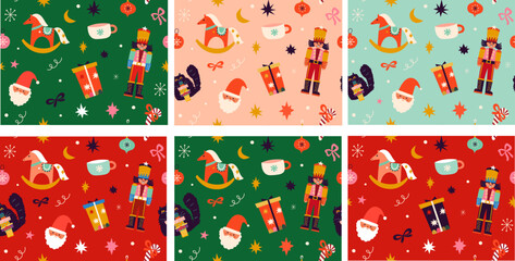 Christmas Seamless patterns. Big set of New Year and Christmas seamless patterns with holiday symbols and elements. Christmas and New Year vector backgrounds