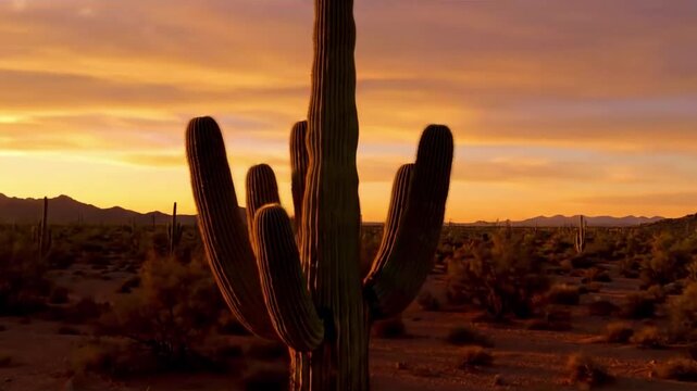 A majestic Saguaro cactus standing tall against a breathtaking desert landscape at sunrise, showcasing its solitary beauty and enduring presence in an arid environment.