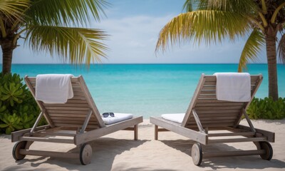 Two beach chairs, white towels, sunglasses, overlooking a tropical turquoise ocean and palm trees