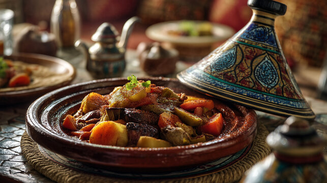 A colorful tagine dish with vegetables and meat served in a traditional moroccan pot with decoration