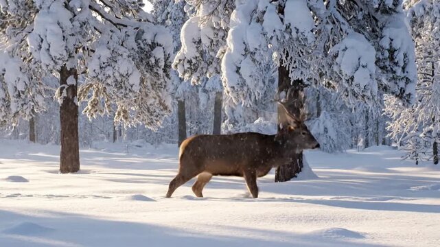 Observing a solitary wild animal, like a majestic deer or a cunning fox, navigating through a deep, untouched snowdrift in a tranquil winter forest setting.