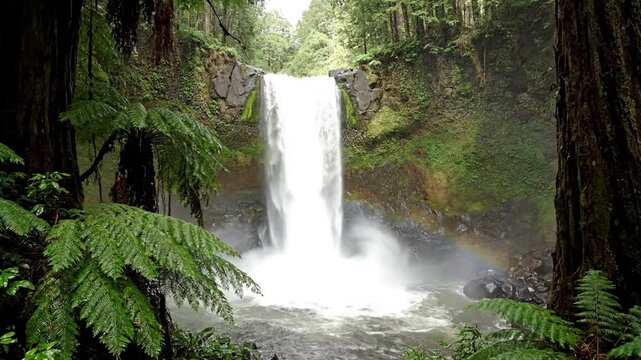 Expansive wide shot of a majestic waterfall nestled within a pristine, untouched temperate rainforest, showcasing lush, vibrant green foliage and a misty, ethereal atmosphere.