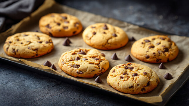 Freshly baked chocolate chip cookies on a baking sheet ready to be served and enjoyed by everyone
