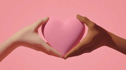Valentine's Day Diverse Hands Holding Pink Heart on Pink Background, Inclusive Love and Unity Design Element for Wallpaper Poster Banner in Romantic and Social Projects