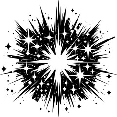 Cosmic Burst: A dramatic black and white illustration of an explosion of energy, with a bright core emanating outwards, surrounded by dynamic star and light effects.