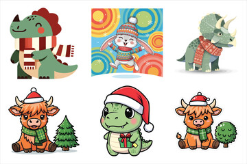 Fototapeta premium Adorable winter cartoon animals and dinosaurs with holiday cheer set