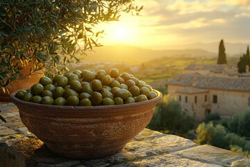 Bowl of green olives, olive tree, sunset over rural European vista