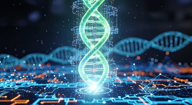 Dynamic glowing DNA helix spirals with intricate digital circuitry and bokeh lights, symbolizing genetic science, innovation, and future biotechnology breakthroughs.