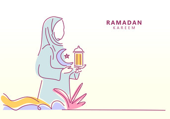 line art illustration of a Muslim man holding a lantern to celebrate Ramadan Kareem.