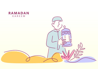 line art illustration of a Muslim man holding a lantern to celebrate Ramadan Kareem.