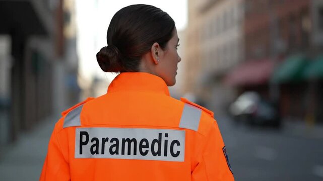 Rear view of a female paramedic in a bright orange uniform walking on an urban street, ready for duty.