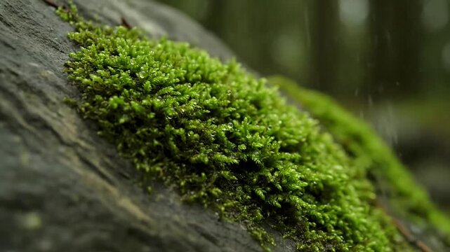 Ancient forest floor carpeted in a thick, lush layer of emerald moss, with shafts of sunlight piercing through the canopy to illuminate the vibrant growth.