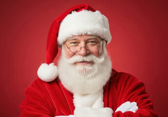 A cheerful santa claus with a thick white beard and a red suit, looking directly at the camera with a friendly expression against a vibrant red background