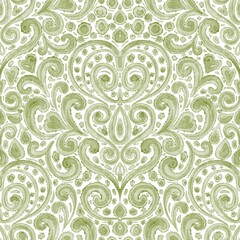 Watercolor seamless damask pattern with whimsical green floral ornament