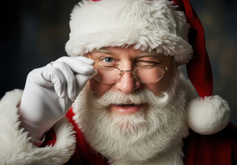 Closeup portrait of a jolly santa claus winking and adjusting his glasses, with a warm smile and a fluffy white beard, embodying the christmas spirit