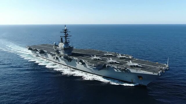 A powerful aircraft carrier with fighter jets on its flight deck cruises across the open sea on a clear day, demonstrati...