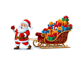 Cartoon santa claus pulling a sleigh full of colorful gift boxes and presents, isolated on white background