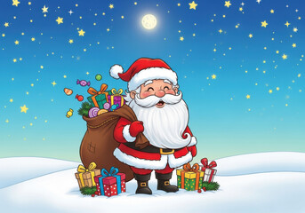 Santa claus with a sack full of gifts standing in a snowy landscape under a starry night sky with a full moon