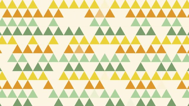 Repeating geometric pattern of small triangles forming larger shapes in yellow, orange, green, and beige tones. Loop animation.