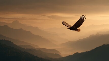 Eagle soars majestically over misty mountain range at golden hour