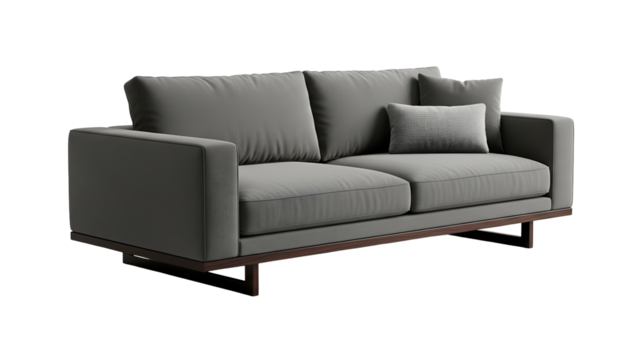 Contemporary upholstered seating unit featuring clean lines and a wooden base against a dark background