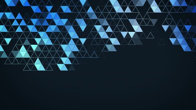 Geometric triangle pattern in shades of blue, concentrated at top and fading toward bottom. Abstract and modern. Loop animated frame with copy space.