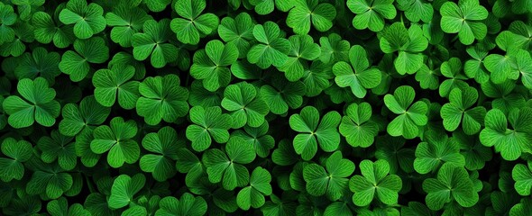 green clover field background, large flat lay of green shamrock leaves, banner for st. patrick's day, green shamrocks pattern.