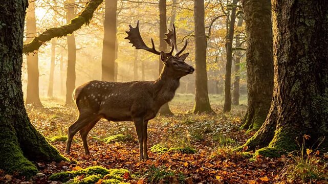 The graceful movements of a wild deer navigating through a dense forest under soft, natural light, highlighting its innate elegance and connection to the ecosystem.
