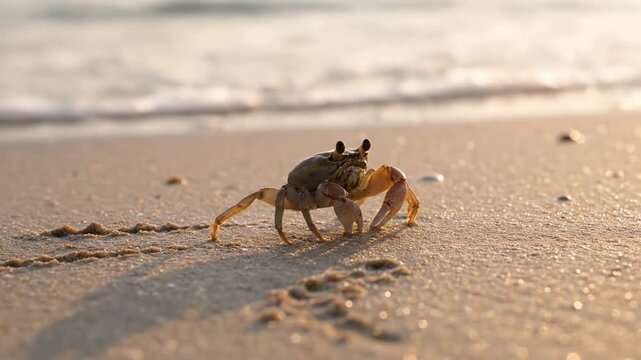 The intricate details of a crab's exoskeleton and powerful claws, captured in a close up as it navigates the intertidal zone. macro shot crab, ghost crab, beach, sandy, ocean, sea, marine life,?