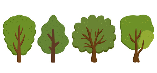 hand drawn green forest and garden tree set isolated vector illustration